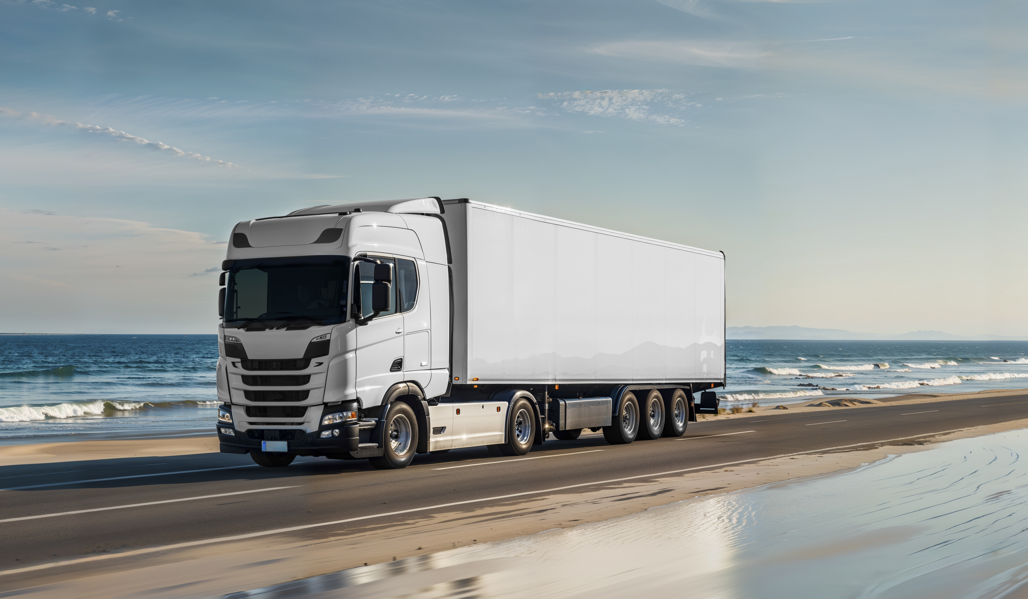 Caminhão na estrada próximo ao mar